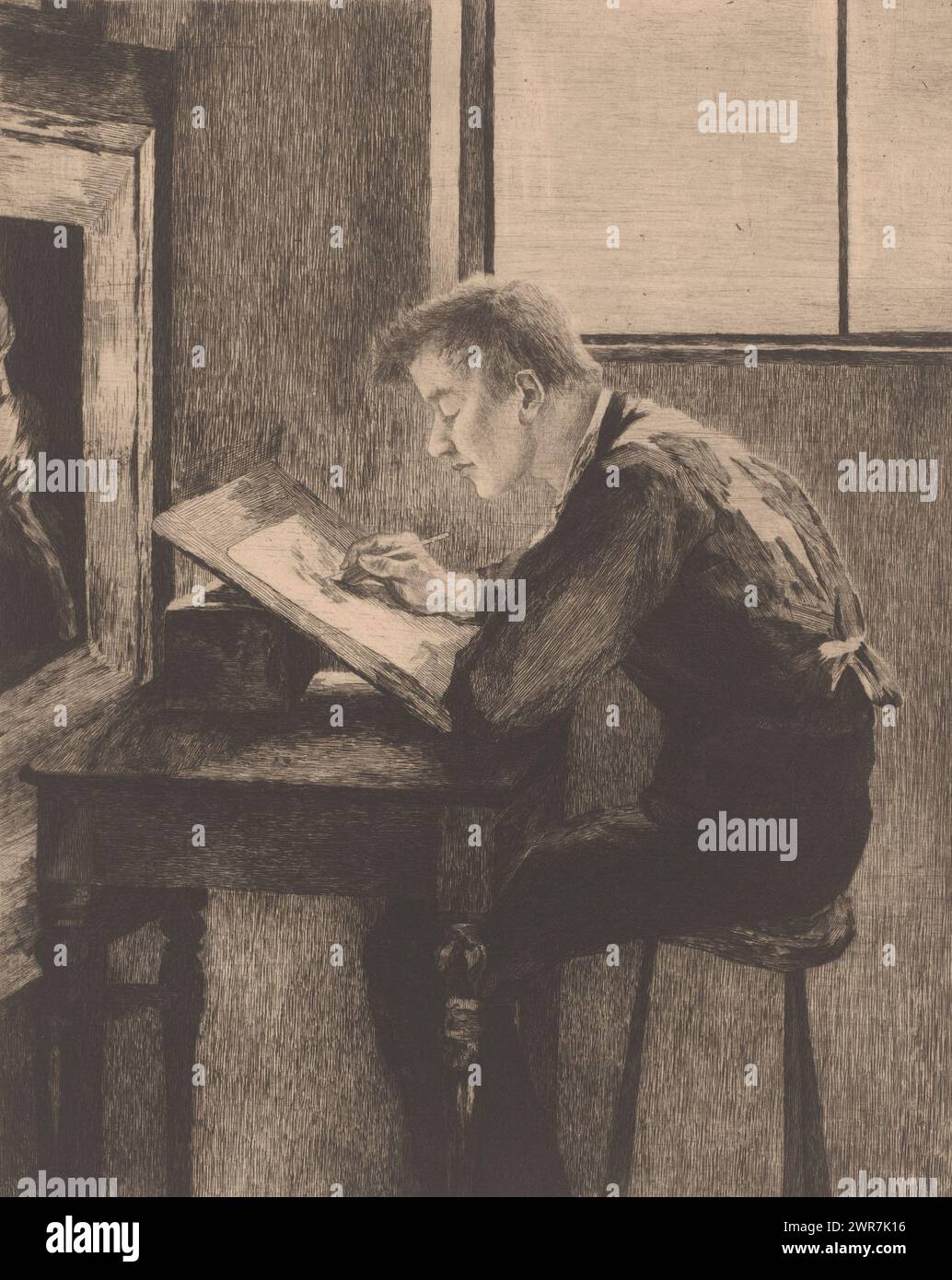 Disegnatore piegato sul suo lavoro, tipografo: Florimond Buyck, (firmato dall'artista), 1889, carta, incisione, altezza 308 mm x larghezza 239 mm, stampa Foto Stock