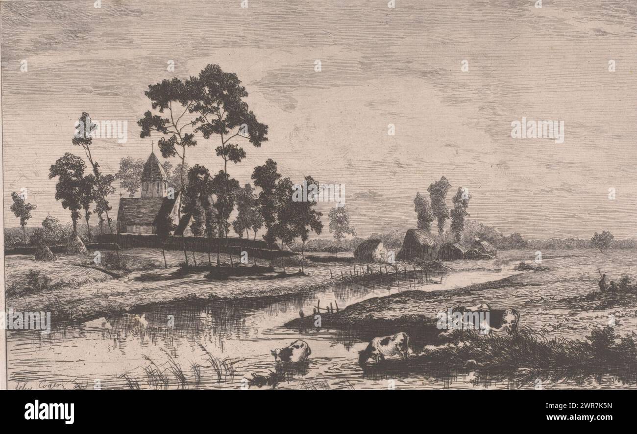 Paesaggio acquoso con una chiesa e mucche lungo la riva, stampatore: Félix Cogen, 1848 - 1907, carta, incisione, altezza 181 mm x larghezza 288 mm, stampa Foto Stock