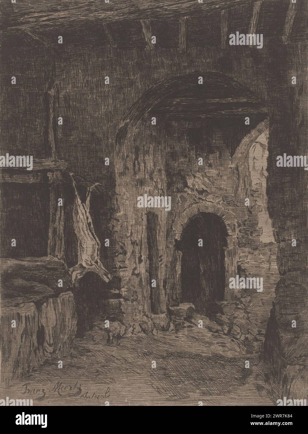 Veduta di edifici fatiscenti con animale impiccato, stampatore: Eugène Cosyns, (firmato dall'artista), su disegno di: Frantz Meerts, 1887, carta, incisione, altezza 312 mm x larghezza 246 mm, stampa Foto Stock