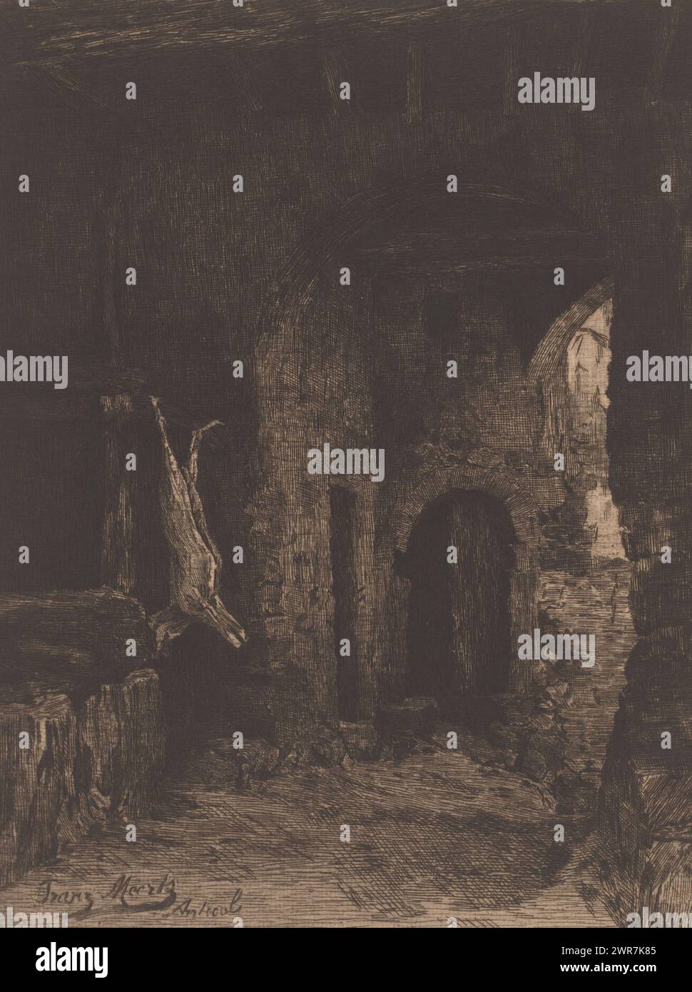 Veduta di edifici fatiscenti con animale impiccato, stampatore: Eugène Cosyns, (firmato dall'artista), su disegno di: Frantz Meerts, 1887, carta, incisione, altezza 311 mm x larghezza 242 mm, stampa Foto Stock