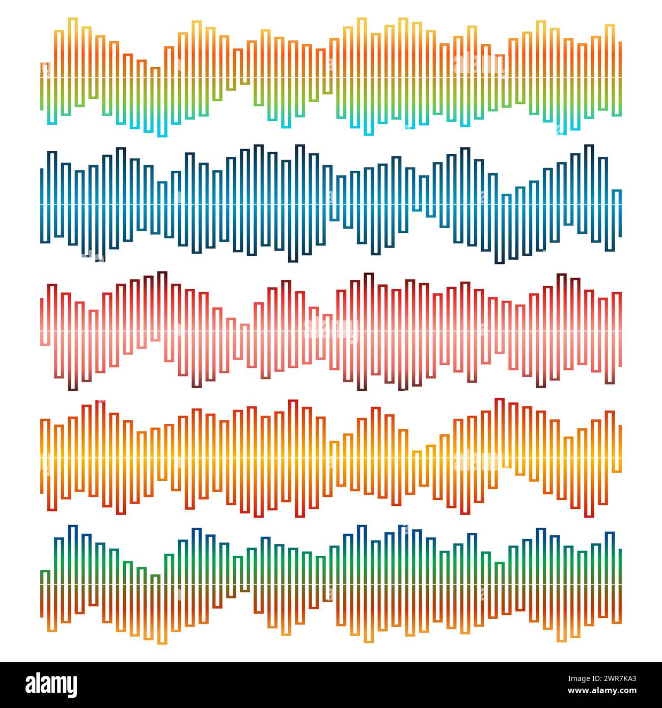 Set vettoriale onde sonore. Equalizzatore audio. Onde sonore e audio isolate su sfondo bianco. Illustrazione Vettoriale