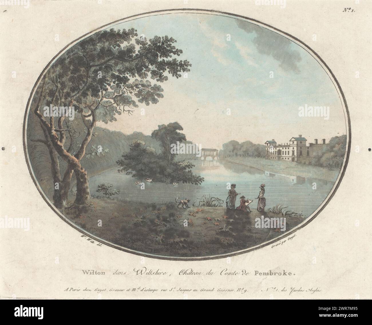 Vista di Wilton House, Wilton dans Willshire, Chateau du Comte de Pembroke (titolo sull'oggetto), Jardins Anglais (titolo della serie sull'oggetto), giardini inglesi (titolo della serie), stampatore: Laurent Guyot, dopo disegno di: William Watts, editore: Laurent Guyot, Parigi, c. 1788, carta, incisione, altezza 174 mm x larghezza 221 mm, stampa Foto Stock