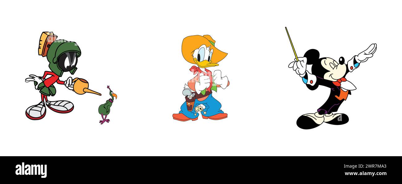 Marvin il Marziano, Donald Duck, Topolino. Logo Arts e design vettoriale su sfondo isolato. Illustrazione Vettoriale