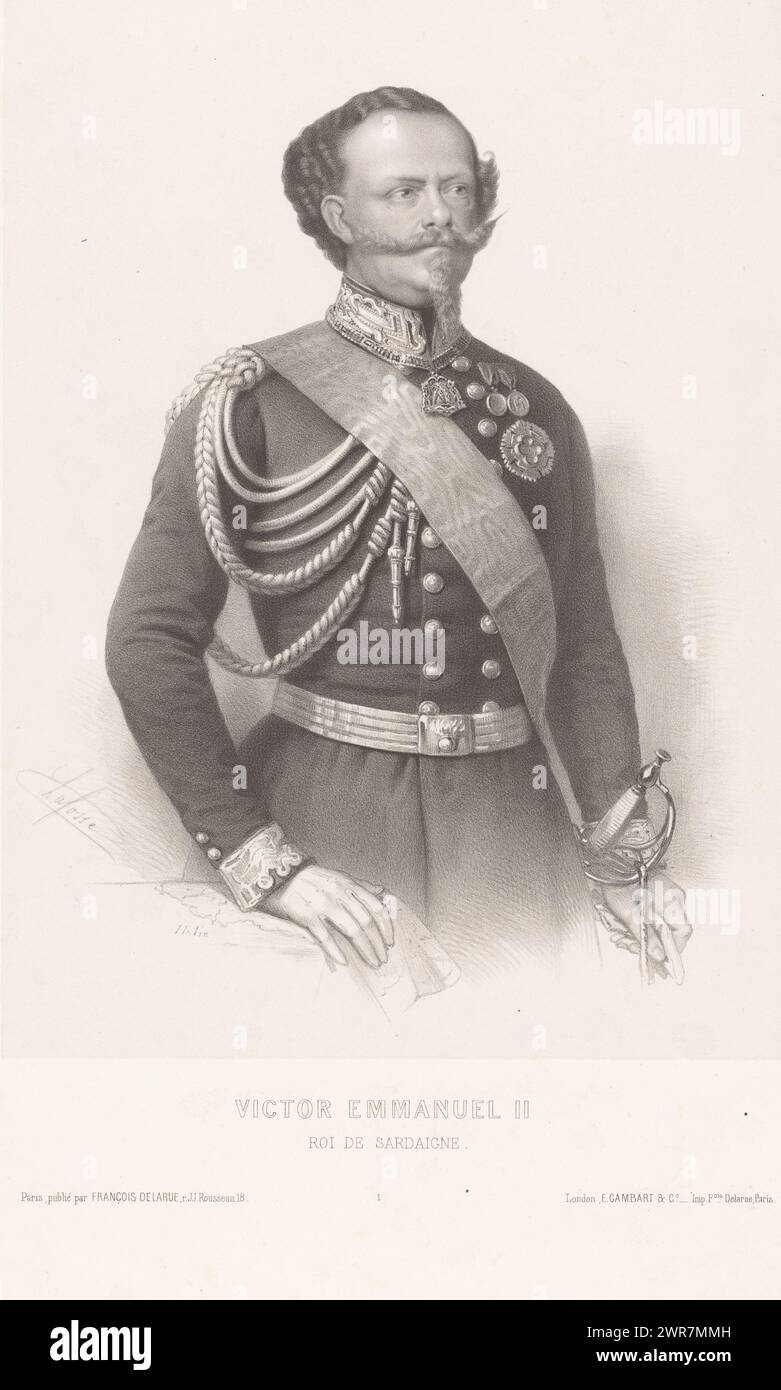 Ritratto di Vittorio Emanuele II d'Italia, Vittorio Emanuele II, ROI de Sardaigne (titolo sull'oggetto), unità dell'esercito italiano, l'Armée d'Italie (titolo della collana sull'oggetto), stampatore: Jean-Baptiste Adolphe Lafosse, editore: Francesco Delarue, editore: Ernest Gambart, editore: Parigi, editore: Londra, 1859, carta, altezza 494 mm x larghezza 386 mm, stampa Foto Stock