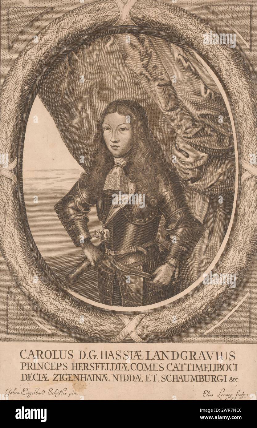 Ritratto di Carlo d'Assia-Kassel, stampatore: Elias van Lennep, dopo pittura di: Johann Engelhard Schäfler, c. 1665 - 1694, carta, incisione, altezza 369 mm x larghezza 239 mm, stampa Foto Stock