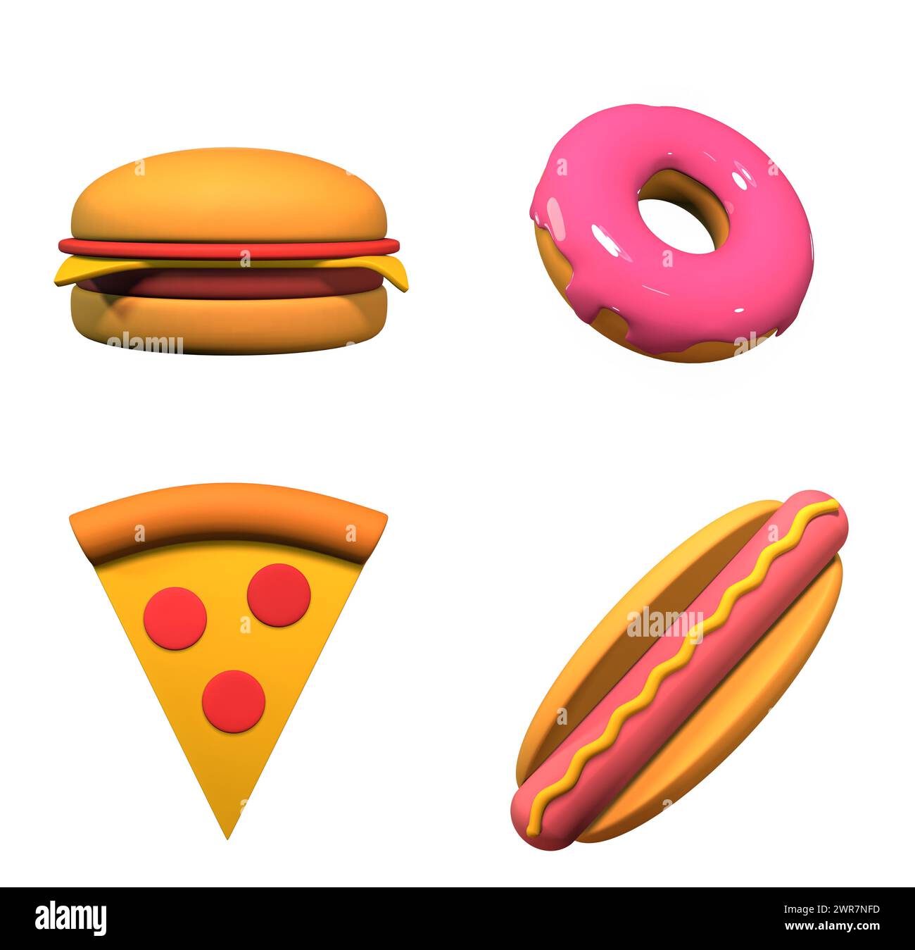 icone dei fast food cartoni animati su un rendering 3d su sfondo bianco. Foto Stock