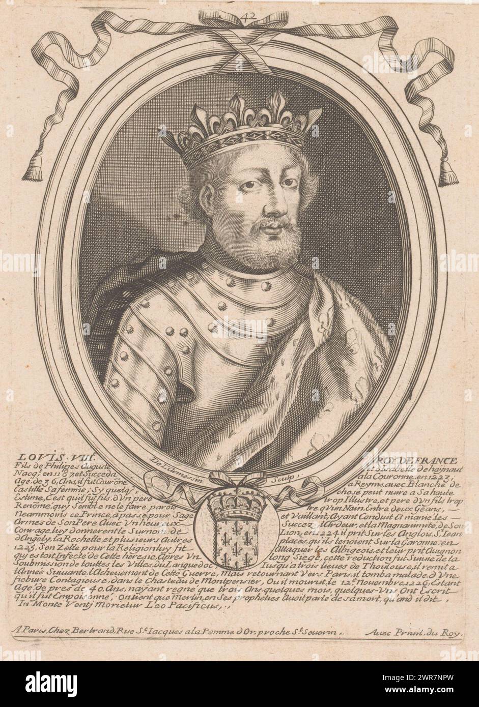 Ritratto di Luigi VIII, Re di Francia, Luigi VIII Roy de France (titolo sull'oggetto), ritratti di figure di spicco (titolo della serie), numero in alto centro: 42., stampatore: Nicolas de Larmessin (i), editore: Pierre Bertrand, Lodewijk XIV (koning van Frankrijk), editore: Parigi, Francia, 1642 - 1678, carta, incisione, incisione, altezza 234 mm x larghezza 168 mm, stampa Foto Stock
