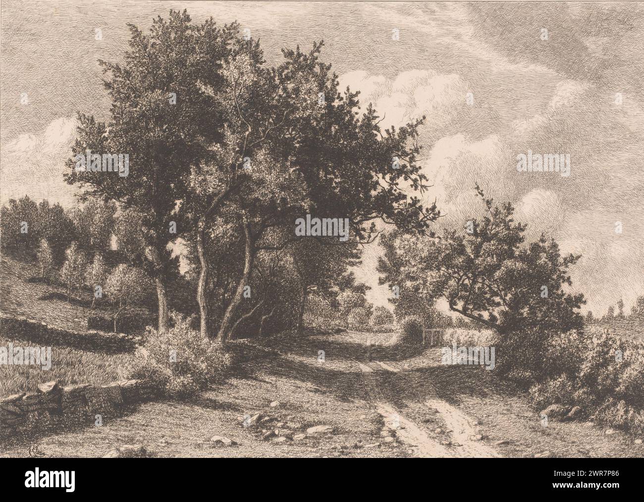 Paesaggio con strade di campagna e recinzioni in pietra basse, stampatore: Alfred Elsen, 1860 - 1910, carta, incisione, altezza 296 mm x larghezza 398 mm, stampa Foto Stock