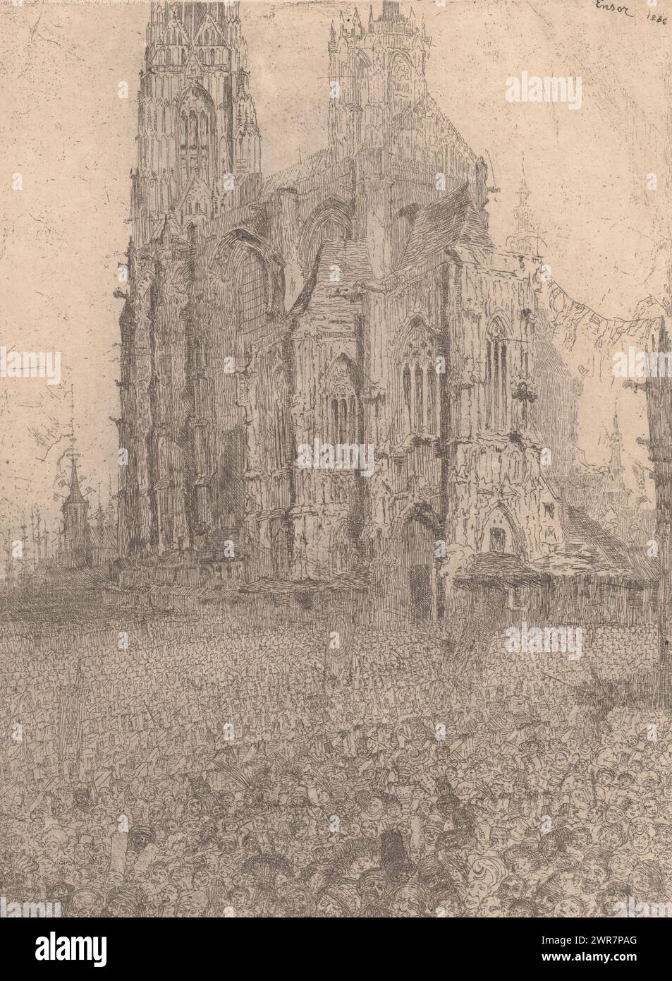 Folla di persone in una piazza vicino a una cattedrale, le cathédrale, la folla è composta da soldati in costume allineati in file e persone., stampatore: James Ensor, 1886, carta, incisione, altezza 245 mm x larghezza 185 mm, stampa Foto Stock