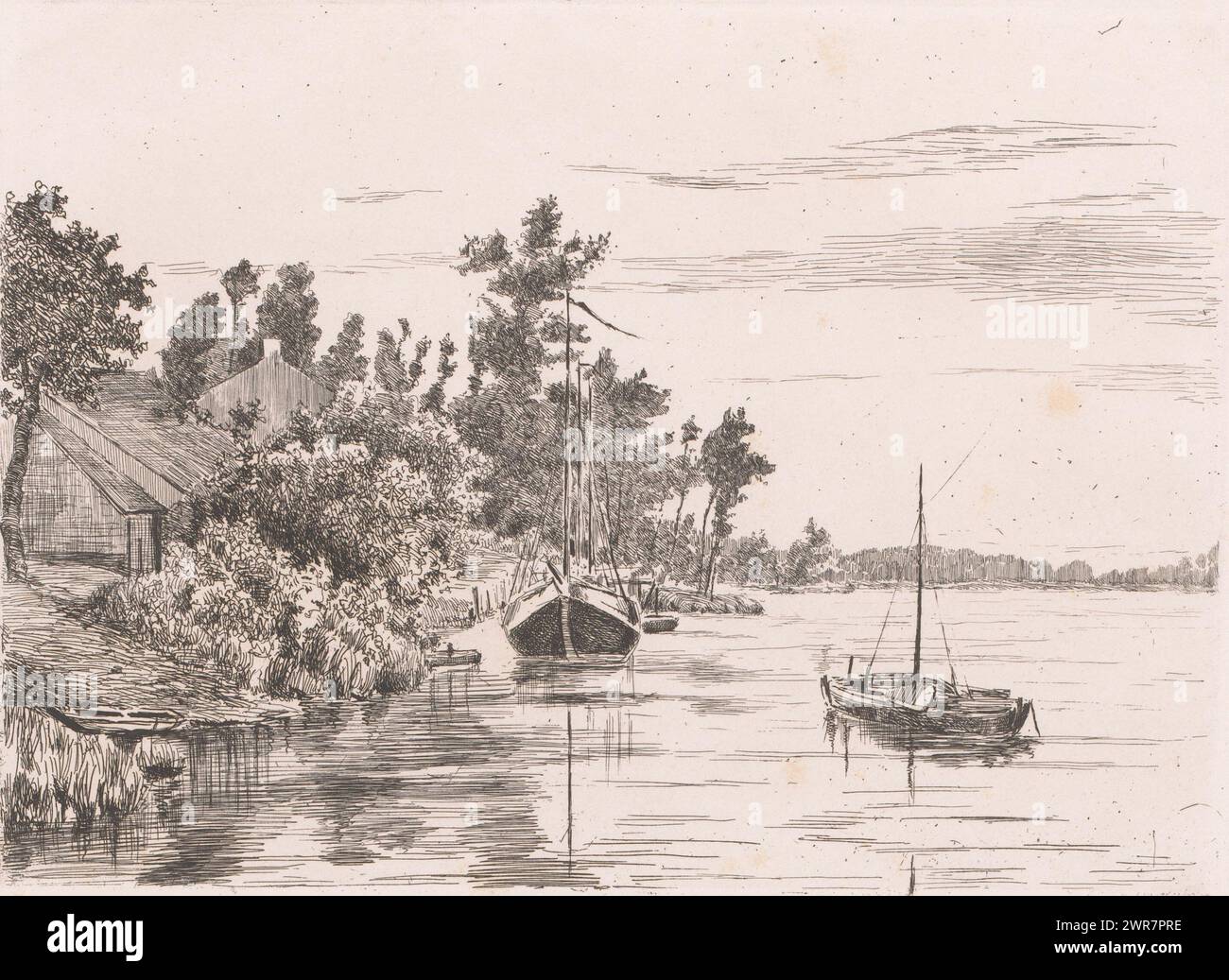 Due barche a vela in un fiume con case sulla riva, stampatore: Jules Guiette, 1862 - 1901, carta, incisione, altezza 176 mm x larghezza 239 mm, stampa Foto Stock