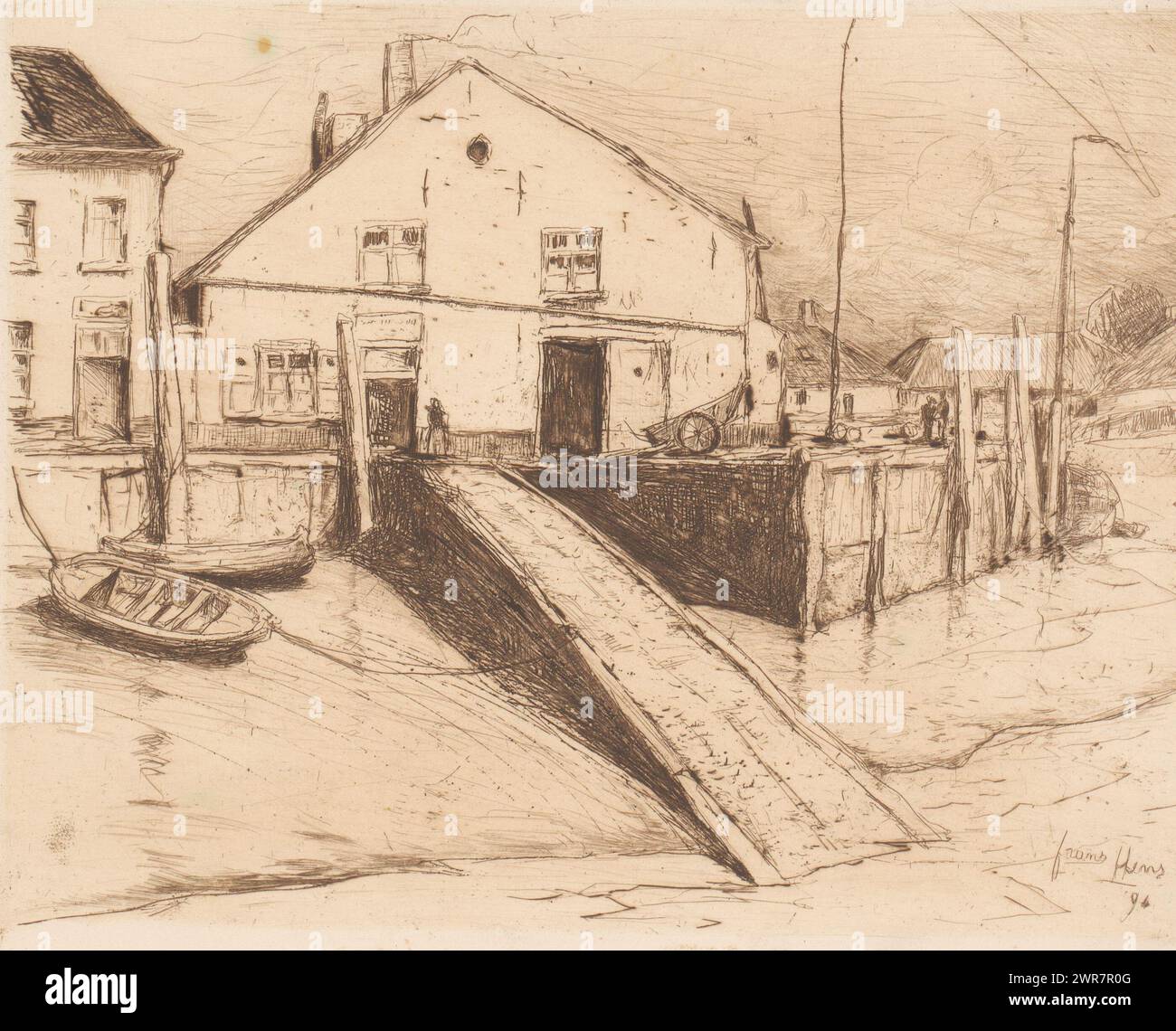 Case del villaggio lungo la banchina, stampatore: Frans Hens, 1894, carta, incisione, altezza 189 mm x larghezza 239 mm, stampa Foto Stock