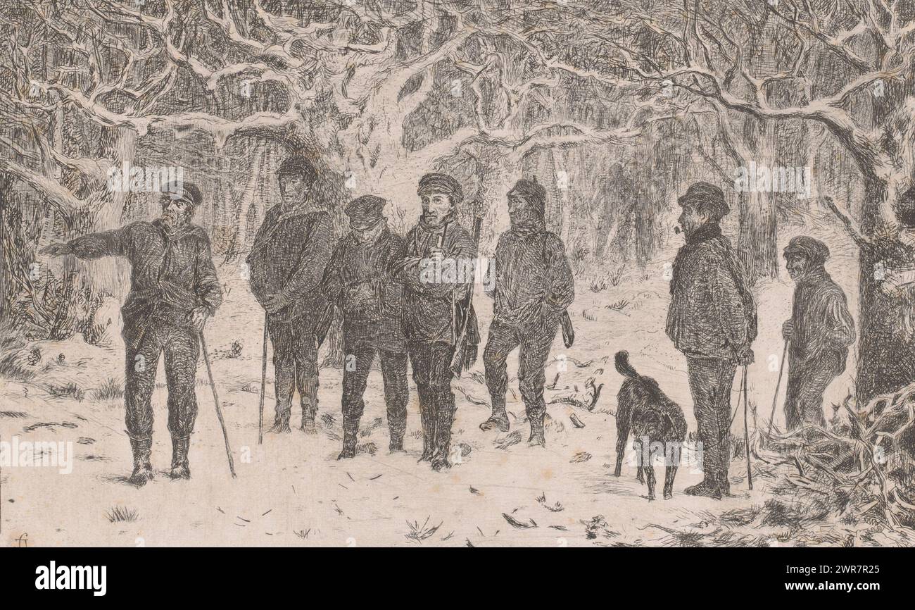 Gruppo di cacciatori e cacciatori in una foresta innevata, stampatore: Lambert Jacquelart, 1830 - 1910, carta, incisione, altezza 177 mm x larghezza 278 mm, stampa Foto Stock