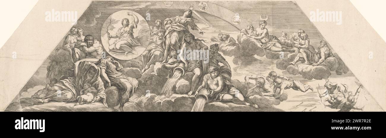 Carro solare di Apollo, stampatore: Eleuter Jerzy Siemiginowski-Szymonowicz, dopo disegno di: Eleuter Jerzy Siemiginowski-Szymonowicz, dopo pittura di: Lazzaro Baldi, stampatore: Polonia, dopo disegno di: Polonia, dopo disegno di: Polonia, dopo pittura di: Italia, dopo disegno di: Italia, 1670 - 1711, carta, incisione, altezza 242 mm x larghezza 817 mm x larghezza 433 mm, stampa Foto Stock