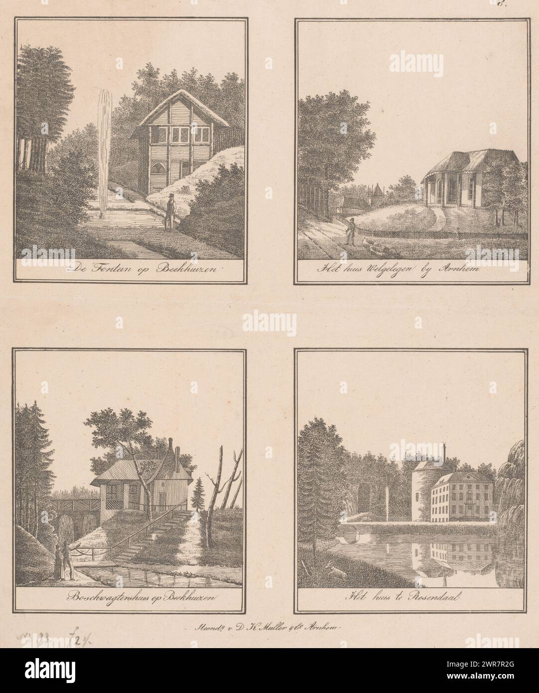 Vista su fontana e case, De Fontein su Beekhuizen / la casa Welgelegen vicino ad Arnhem / Boschwagtershuis su Beekhuizen / la casa a Rosendaal (titolo su oggetto), quattro immagini su un foglio. In alto a sinistra, una vista di un uomo in una fontana della casa Beekhuizen a Velp. In alto a destra una vista della casa Welgelegen ad Arnhem. In basso a sinistra una vista della casa del forestale nella casa di Beekhuizen. In basso a destra una vista della tenuta di Rosendael a Rozendaal., stampatore: Anonimo, stampatore: D.K. Muller & Co., editore: D.K. Muller & Co., Arnhem, 1815 - 1841, carta, altezza 419 mm x larghezza 336 mm Foto Stock