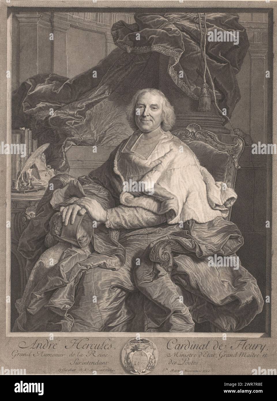 Ritratto di André-Hercule de Fleury, André Hercules, Cardinal de Fleury (titolo sull'oggetto), tipografo: Pierre Drevet, dopo pittura di: Hyacinthe Rigaud, J.S. Brissart, Francia, 1730, carta, incisione, altezza 515 mm x larghezza 388 mm, stampa Foto Stock