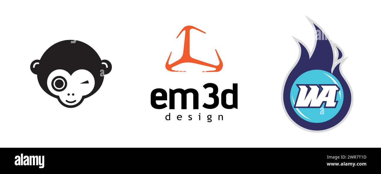 Em3d Design , WA Designs, Ape. Logo Arts e design vettoriale su sfondo isolato. Illustrazione Vettoriale