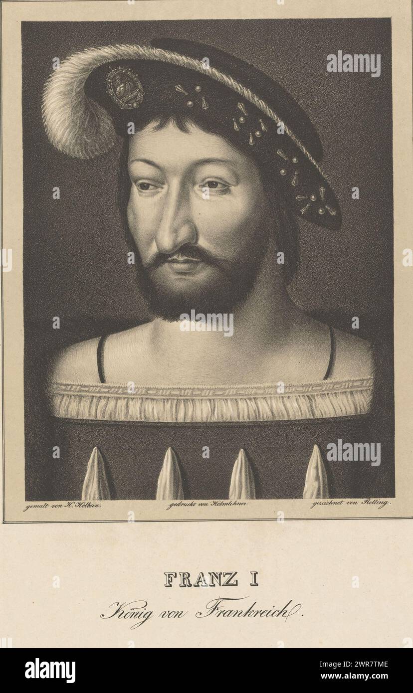 Ritratto di Francesco i, re di Francia, Francesco i, König von Frankreich (titolo sull'oggetto), tipografo: Wilhelm Rolling, su disegno di: Hans Holbein (II), tipografo: M.G. Helmlehner, 1820 - 1860, carta, altezza 596 mm x larghezza 444 mm, stampa Foto Stock