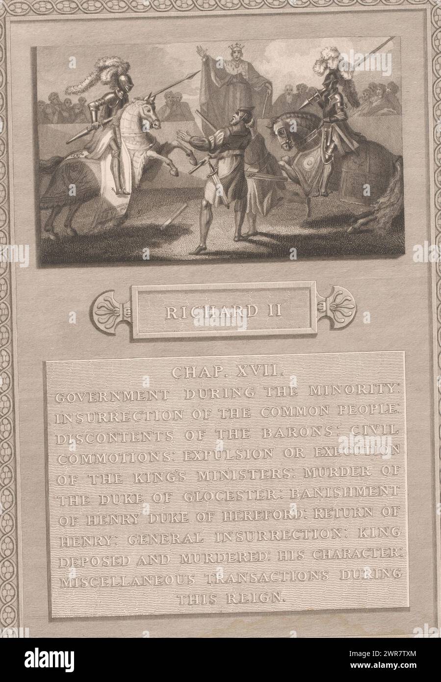 Re Riccardo II sospende il duello tra Thomas de Mowbray e Enrico IV, Riccardo II sospende il duello tra Hereford e Norfolk (titolo sull'oggetto), stampatore: Jean-Marie Delattre, dopo disegno di: Henry Tresham, editore: Robert Bowyer, Londra, 1805, carta, incisione, incisione, altezza 318 mm x larghezza 221 mm, stampa Foto Stock