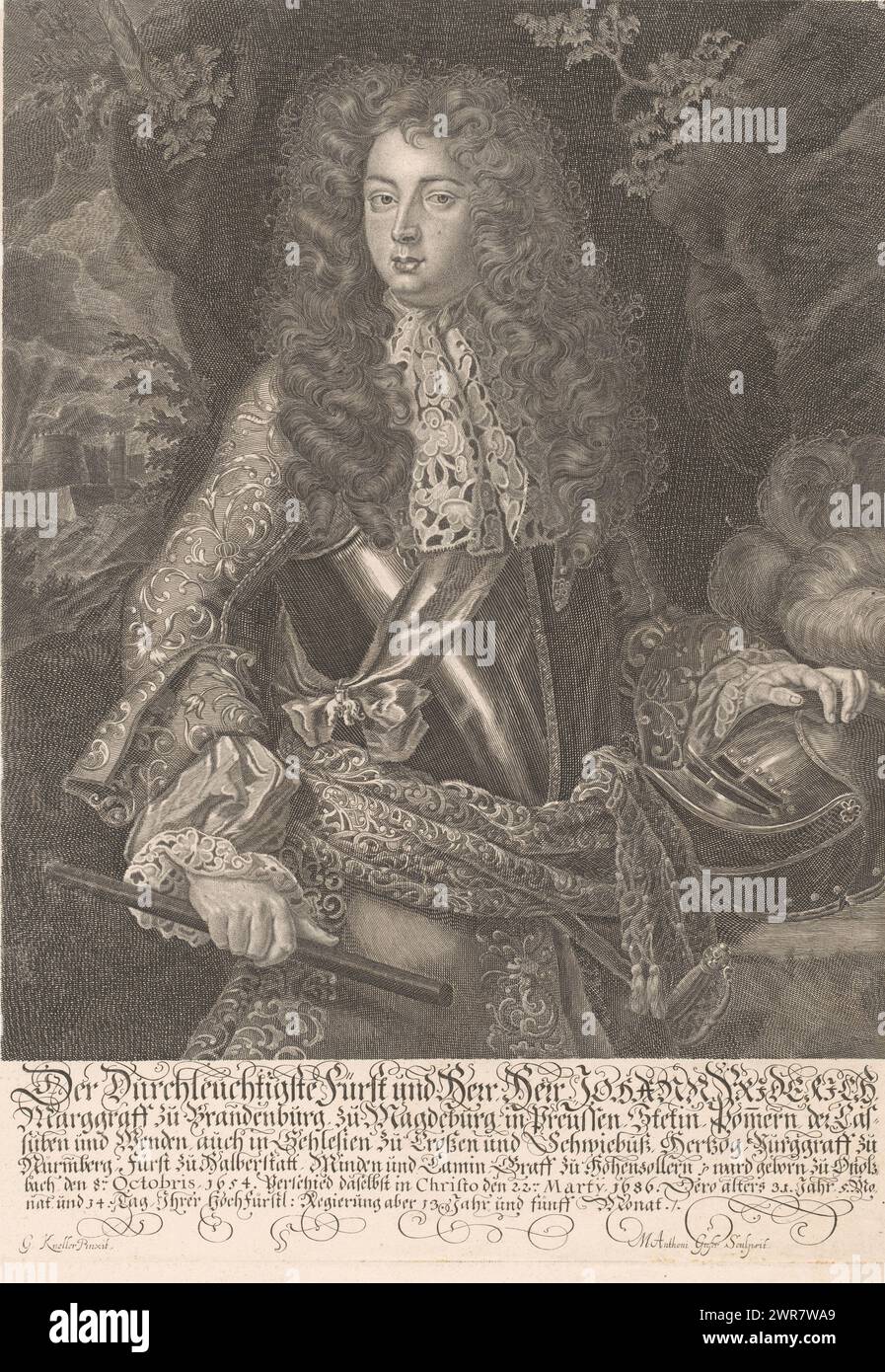 Ritratto di Johann Friedrich von Brandenburg-Ansbach, stampatore: Marc Anton Gufer, dopo aver dipinto di: Gottfried Kneller, 1686 - 1695, carta, incisione, altezza 430 mm x larghezza 313 mm, stampa Foto Stock