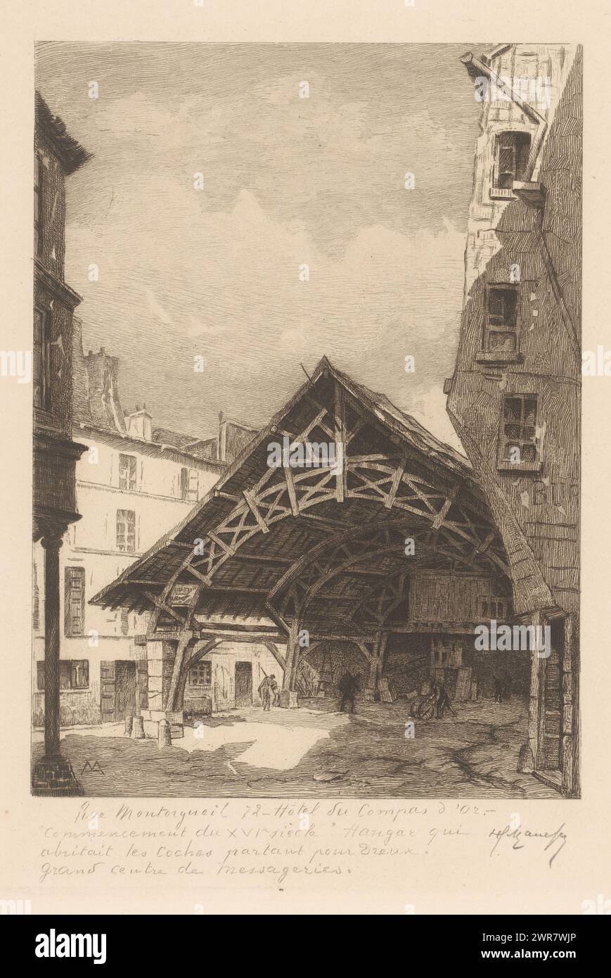 Vista di rue Montorgueil a Parigi, Street Views of Paris (titolo della serie), le vieux Paris S'en va (titolo della serie su oggetto), stampatore: Henri Manesse, (firmato dall'artista), su disegno di: Henri Manesse, Francia, 1906 - 1911, carta, incisione, incisione, punto di essiccazione, altezza 282 mm x larghezza 209 mm, stampa Foto Stock