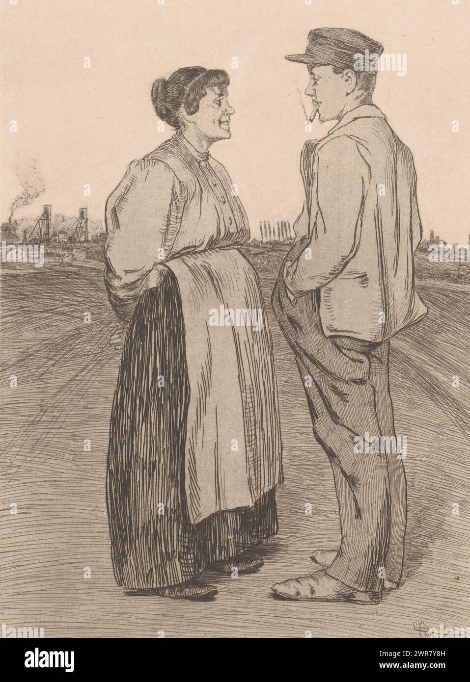 Uomo e donna si trovano uno di fronte all'altro nel campo, Une Proposition (titolo su oggetto), stampatore: Francesco Maréchal, 1895, carta, incisione, altezza 295 mm x larghezza 220 mm, stampa Foto Stock
