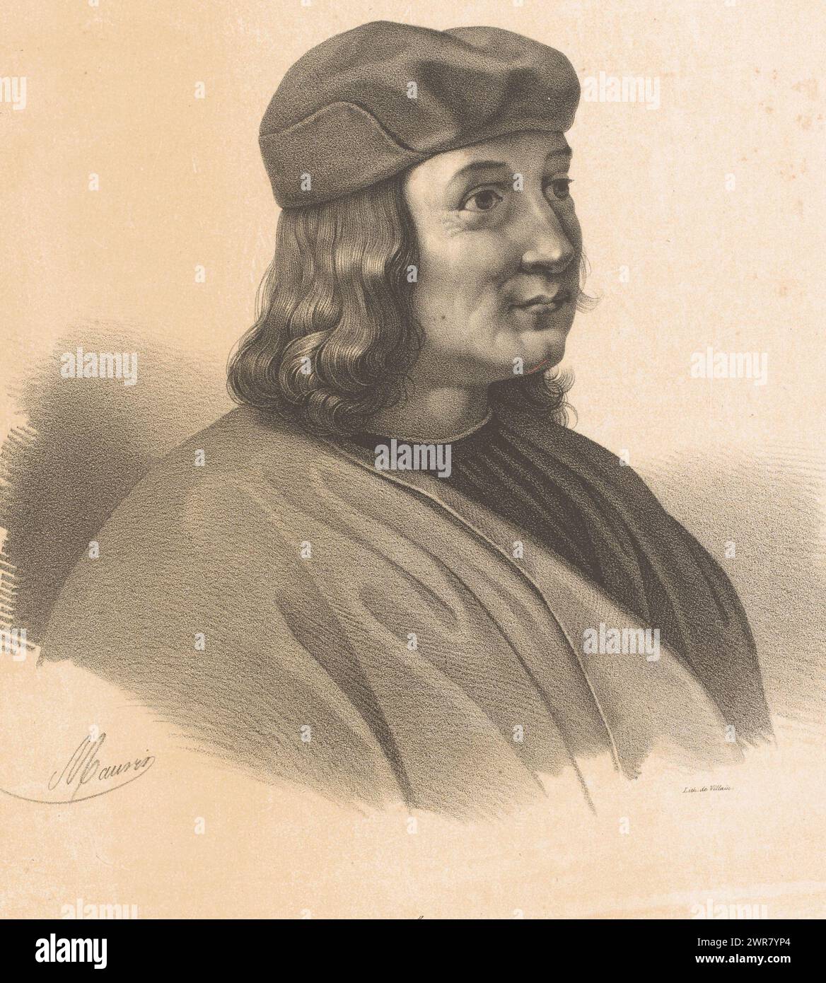 Ritratto di Pietro Perugino, le Pérugin (titolo sull'oggetto), tipografo: Nicolas Maurin, tipografo: Francois Jean Villain, editore: Jean Claude Chabert, Parigi, c. 1826 - 1852, carta, altezza 496 mm x larghezza 347 mm, stampa Foto Stock