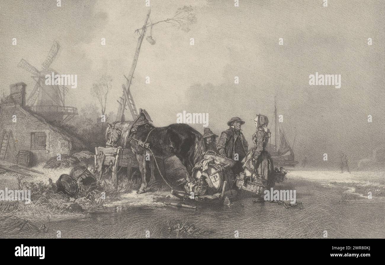 Pattinatori e uomo con cavallo e slitta nel paesaggio invernale, artisti contemporanei (titolo della serie), Les Artistes contemporains (titolo della serie su oggetto), stampatore: Adolphe Mouilleron, stampatore: Victor Jacques Bertauts, Parigi, 1830 - 1881, carta, altezza 273 mm x larghezza 391 mm, stampa Foto Stock