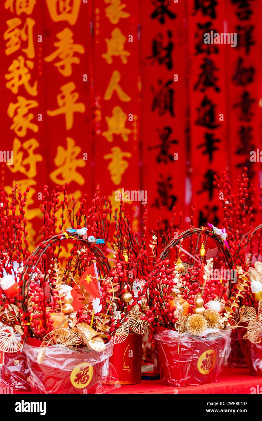 Accoppiamenti e cesti di fiori per il Festival di primavera acquistati durante il Capodanno cinese Foto Stock