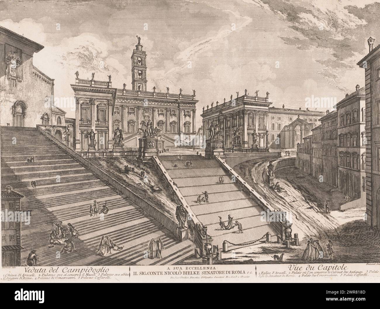 Veduta del Campidoglio, veduta del Campidoglio (titolo sull'oggetto), Vue du Capitole (titolo sull'oggetto), tipografo: Freicenet, dopo disegno di: Jean Barbault, editore: J. Bouchard & J.J. Gravier, tipografo: Roma, editore: Roma, Italia, 1763, carta, incisione, altezza 386 mm x larghezza 527 mm, stampa Foto Stock