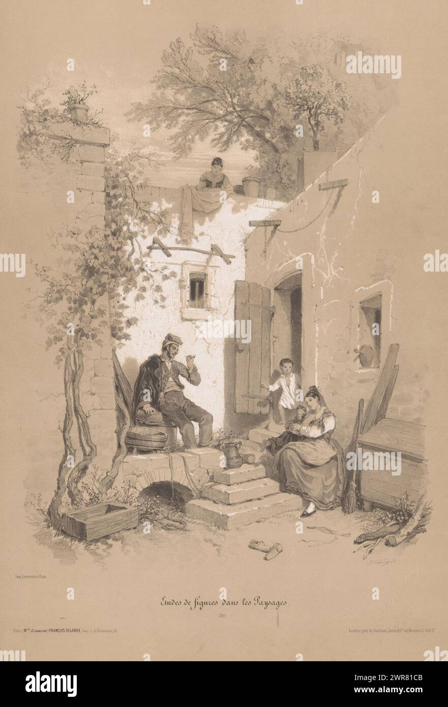 Genitori con figli nella loro casa del villaggio, studi di figure in un paesaggio (titolo della serie), l'album de Férogio. Études de figures dans les Paysages (titolo della serie su oggetto), Print fa parte di una copertina con sette stampe., stampatore: Fortuné Férogio, stampatore: Joseph Rose Lemercier, editore: Francois Delarue, stampatore: Parigi, editore: Parigi, editore: Londra, 1844 - 1854, carta, altezza 483 mm x larghezza 317 mm, stampa Foto Stock