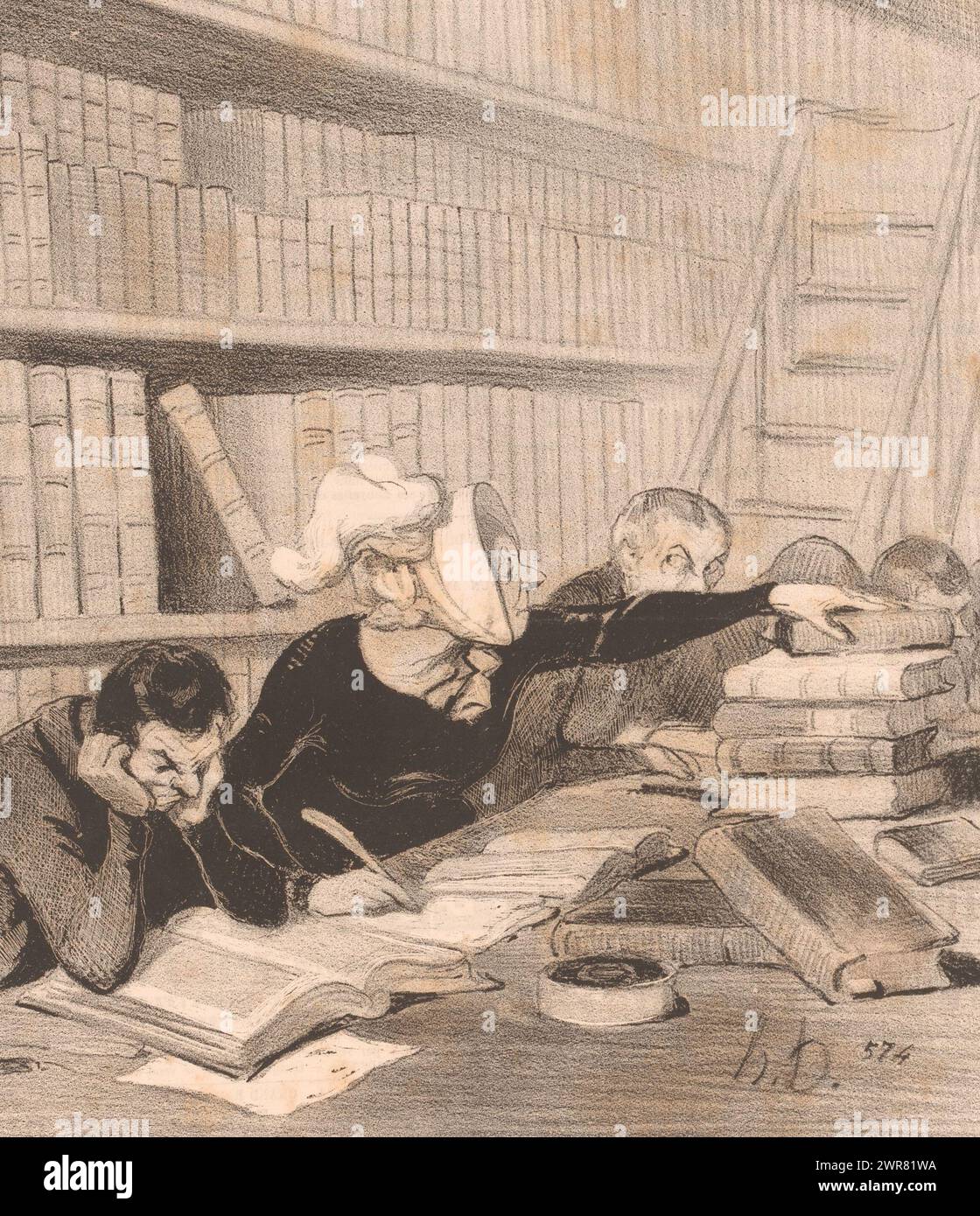 Caricatura di una donna che scrive in biblioteca, Monsieur, perdono, si je vous Gêne un peu (...) (Titolo sull'oggetto), donne pedanti (titolo della serie), Les Bas-Bleus (titolo della serie sull'oggetto), la donna che dice di dover consultare vecchi autori per il suo nuovo romanzo., stampatore: Honoré Daumier, stampatore: Aubert & Cie, editore: Aubert & Cie, Parigi, 1844, carta, altezza 363 mm x larghezza 243 mm Foto Stock