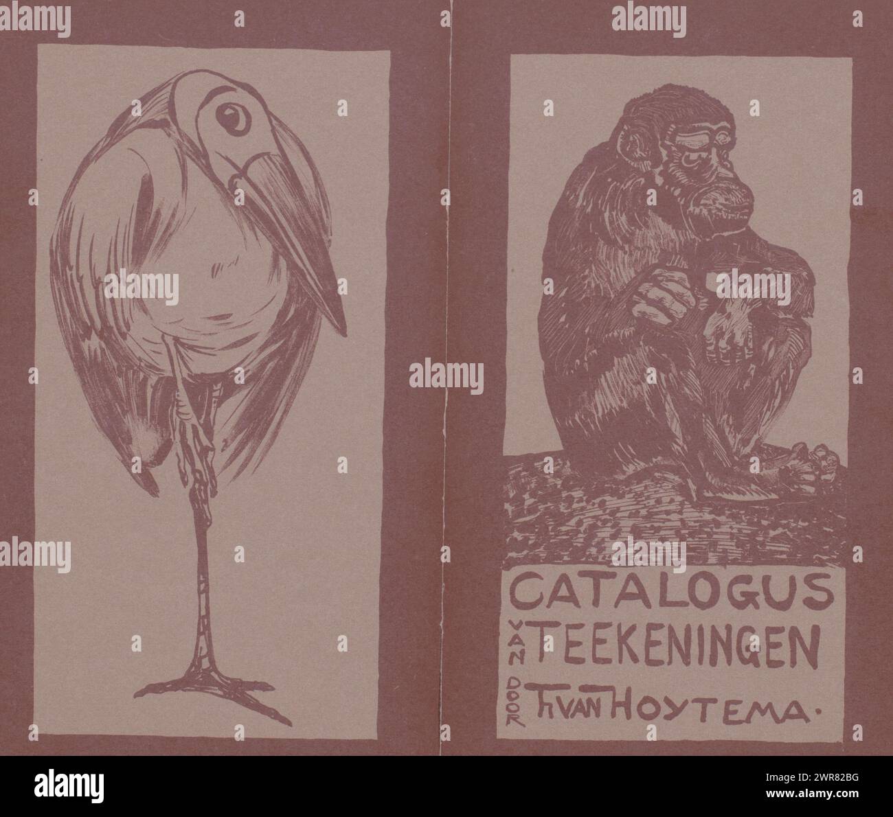 Copertina del catalogo con scimmia e uccello, sopra il testo una scimmia seduta. A sinistra un uccello su una gamba. La copertina contiene un foglio con un elenco delle opere esposte., stampatore: Theo van Hoytema, 1878 - 1917, carta, altezza 176 mm x larghezza 104 mm, larghezza 210 mm, stampa Foto Stock