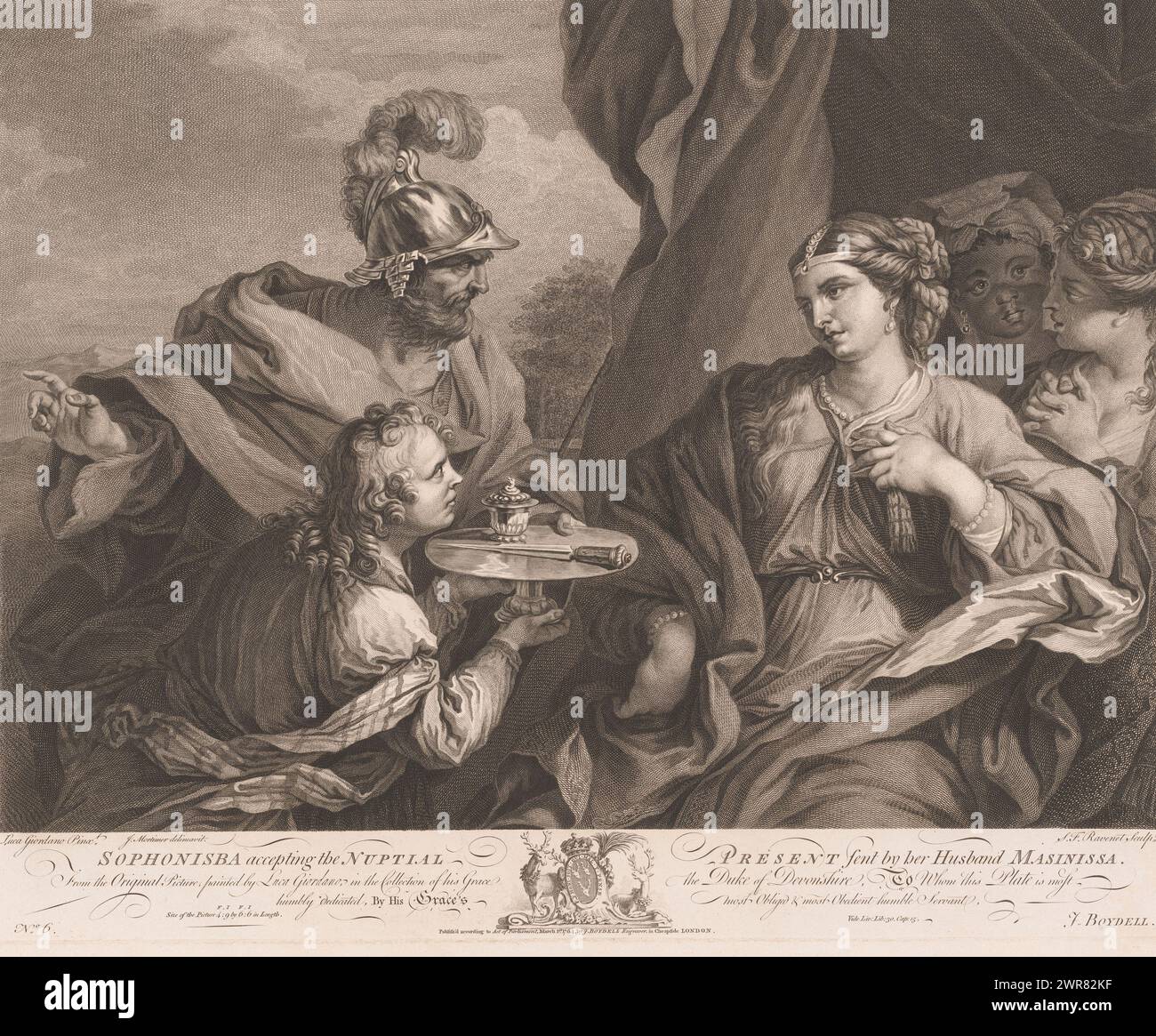 Sophonisba che riceve il regalo di nozze da Masinissa, Sophonisba accetta il regalo di nozze inviato dal marito Masinissa (titolo sull'oggetto), dipinti del XVII secolo dalla collezione Devonshire (titolo della serie), stampatore: Simon Francois Ravenet (le vieux), dopo aver disegnato da: John Hamilton Mortimer, dopo aver dipinto: Luca Giordano, Londra, 1764, carta, incisione, incisione, altezza 426 mm x larghezza 535 mm, stampa Foto Stock