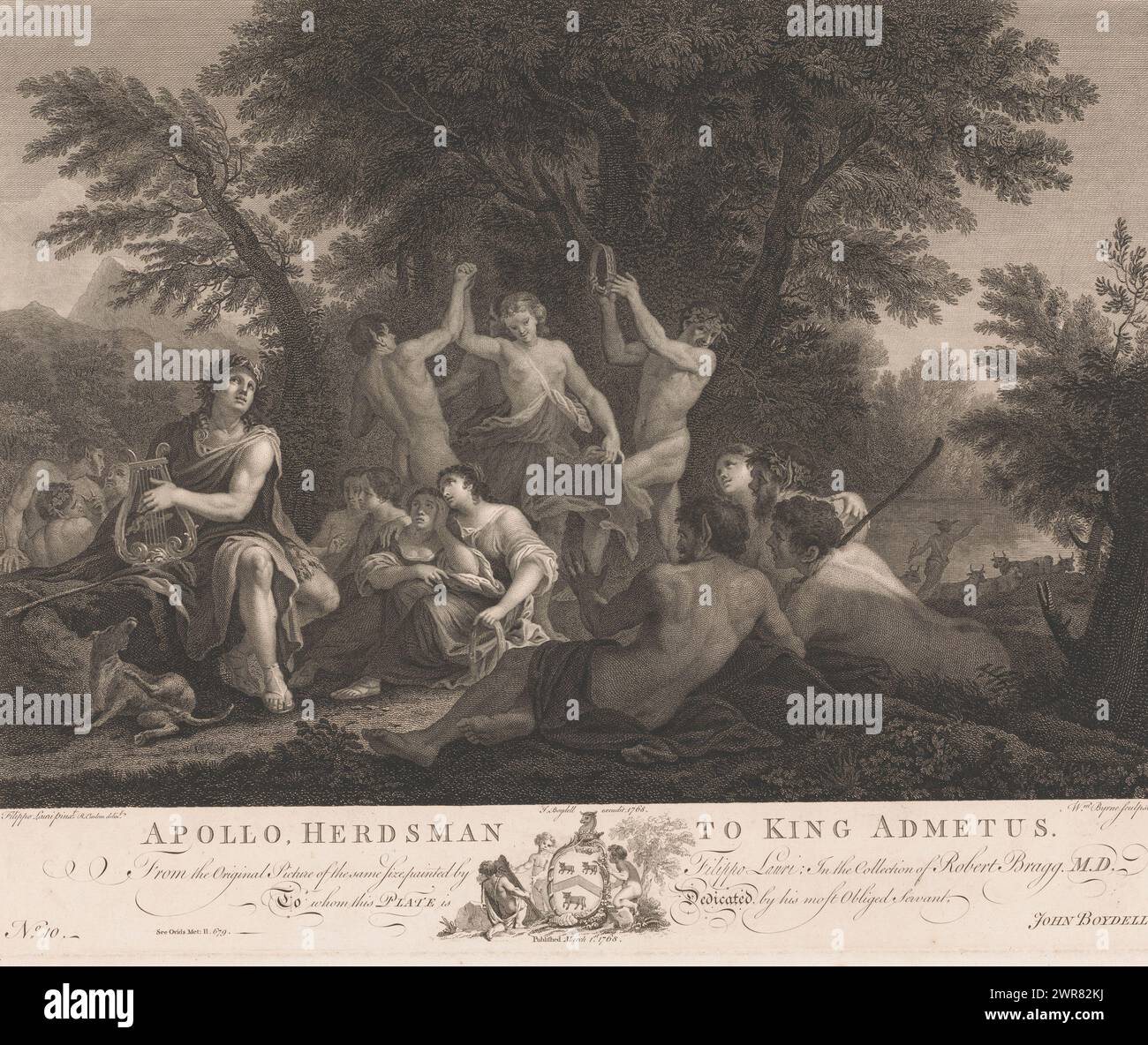 Apollo è pastore di re Admeto, Apollo, Herdsman di re Admeto (titolo sull'oggetto), testo in inglese nel margine inferiore. Numerato: 10., stampatore: William Byrne, dopo disegno di: Richard Earlom, dopo pittura di: Filippo Lauri, Londra, 1768, carta, incisione, incisione, altezza 408 mm x larghezza 513 mm, stampa Foto Stock