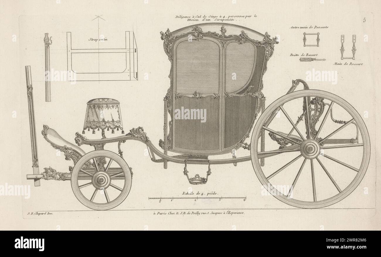 Diligenza con sedia pieghevole, diligence à cUL de Singe à 4 personnes par le Moien d'un Strapontin (titolo sull'oggetto), Modèles de voitures Louis XV (titolo della serie), diligenza con sospensione Dalesme e sedia pieghevole. Una diligenza è un passeggero francese chiuso e una diligenza., stampatore: Anonimo, su disegno di: Jean-Francois Chopard, editore: Nicolas Jean Baptiste Poilly, Parigi, 1740 - 1758, carta, incisione, altezza 224 mm x larghezza 388 mm, stampa Foto Stock