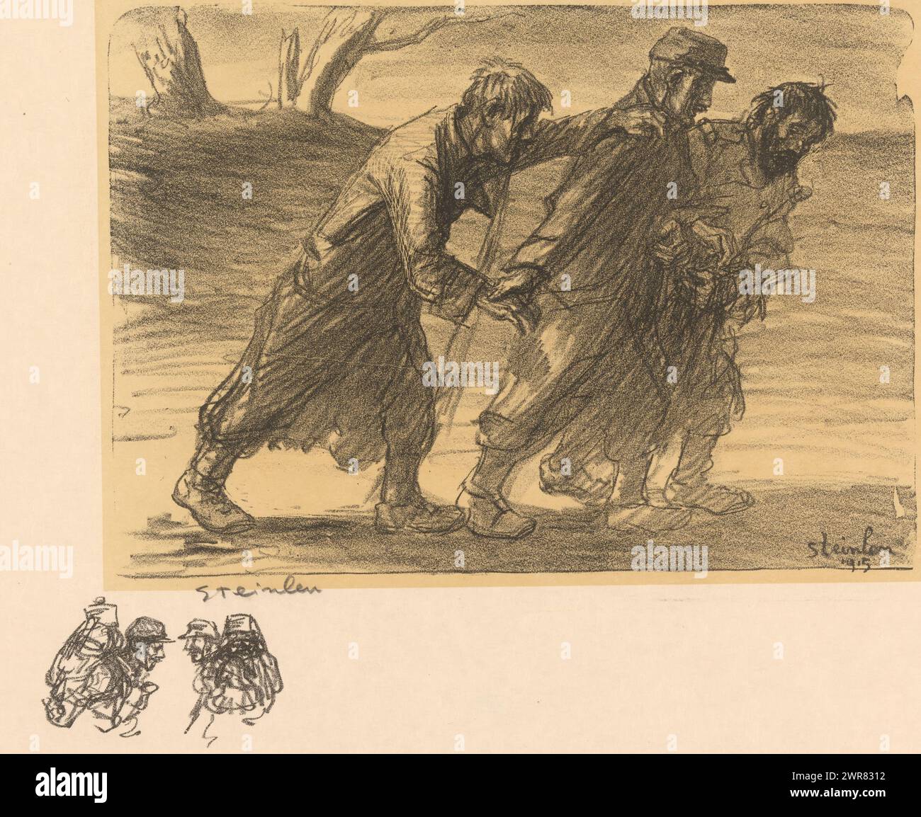 Tre soldati di trincea si trascinano lungo in modo amichevole, Les trois Accompagons (titolo originale), stampatore: Théophile Alexandre Steinlen, (firmato dall'artista), 1915, carta, altezza 375 mm x larghezza 548 mm, stampa Foto Stock Tre soldati di trincea si trascinano lungo in modo amichevole, Les trois Accompagons (titolo originale), stampatore: Théophile Alexandre Steinlen, (firmato dall'artista), 1915, carta, altezza 375 mm x larghezza 548 mm, stampa Foto Stock