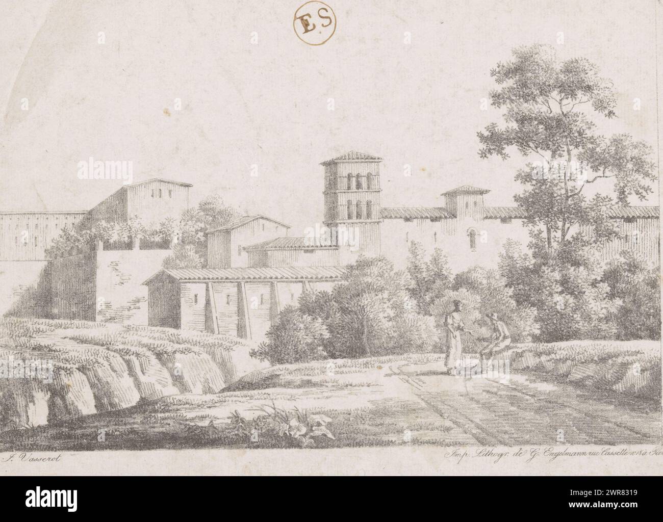 Due figure fuori le mura di una città italiana, tipografo: Jean Vasserot, tipografo: Gottfried Engelmann, Parigi, 1816 - 1830, carta, altezza 219 mm x larghezza 306 mm, stampa Foto Stock