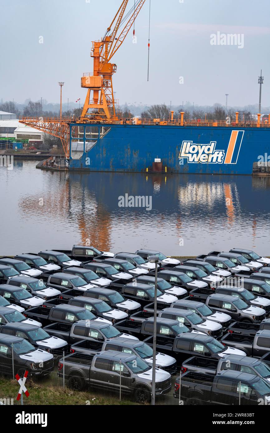 I pick-up Ford FX4 sono a magazzino, nel porto d'oltremare di Bremerhaven, dopo l'importazione dagli Stati Uniti in Germania, bassa Sassonia, Germania Foto Stock
