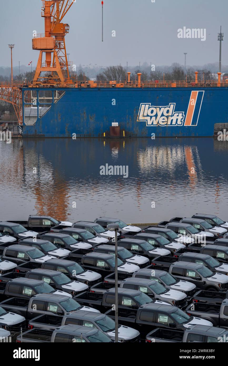 I pick-up Ford FX4 sono a magazzino, nel porto d'oltremare di Bremerhaven, dopo l'importazione dagli Stati Uniti in Germania, bassa Sassonia, Germania Foto Stock