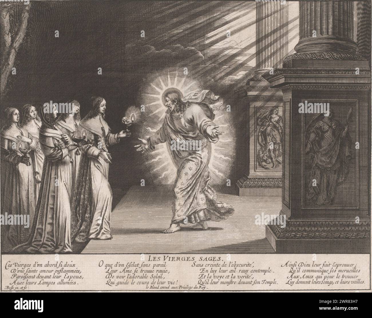 Cinque sagge vergini appaiono con le lampade davanti al loro sposo, Les Vierges Sages. (Titolo sull'oggetto), la parabole des Vierges sages et des Vierges folles (titolo della serie), parabola delle vergini sagge e folli (titolo della serie), stampatore: Abraham Bosse, su disegno di: Abraham Bosse, editore: Jean Lebond (i), Parigi, 1638 - 1640, carta, incisione, incisione, altezza 256 mm x larghezza 328 mm, stampa Foto Stock