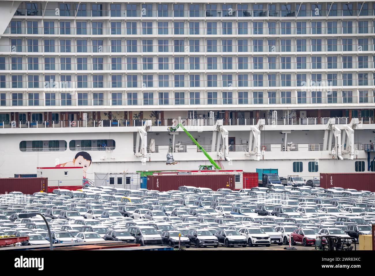 Parcheggio per veicoli di importazione, centinaia di Hyundai Ioniq, auto elettriche, in attesa di un ulteriore trasporto, nave da crociera World Dream, Manara, at Th Foto Stock