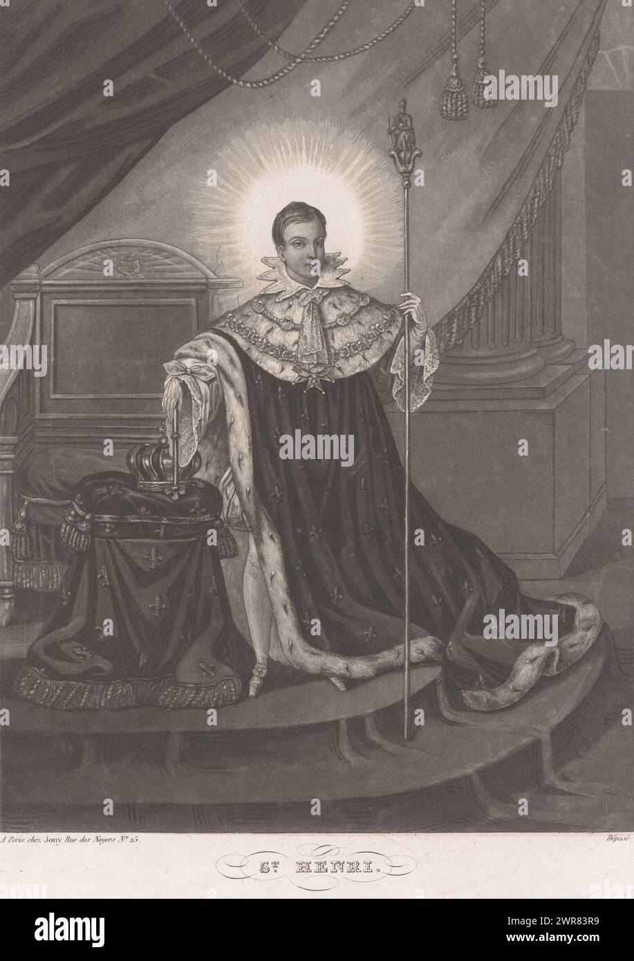 Ritratto di Enrico II il Santo, St Henri (titolo sull'oggetto), giovane uomo con gli attributi di un imperatore, forse Enrico II il Santo., tipografo: Adolphe Philippe Noiret, editore: Jouy, Parigi, 1810 - 1910, carta, incisione, altezza 319 mm x larghezza 244 mm, stampa Foto Stock