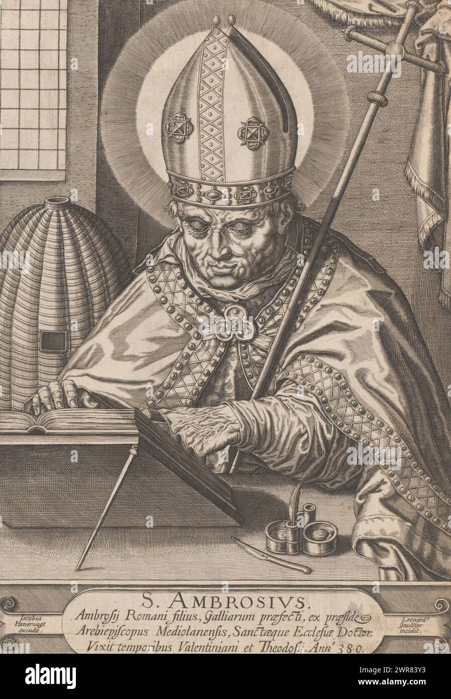 H. Ambrosius nel suo studio, S. Ambrosius. (Titolo sull'oggetto), Four Doctors of the Church (titolo della collana), print maker: Leonard Gaultier, editore: Jacques Honervogt (i), print maker: France, editore: Paris, 1571 - 1641, paper, incisione, altezza 310 mm x larghezza 213 mm, stampa Foto Stock
