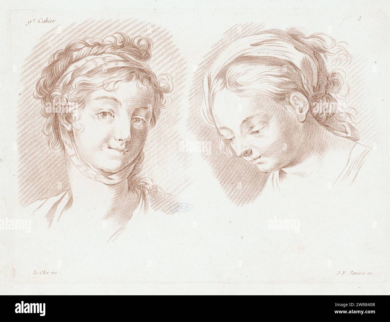 Due teste femminili, composizioni con parti del corpo umano (titolo della collana), Cahier deprinciples du dessein d'après nature (titolo della collana), tipografo: Jean Francois Janinet, dopo disegno di: Pierre Thomas le Clerc, editore: Charles le Père & Pierre-Michel Avaulez, tipografo: Francia, editore: Parigi, 1773 - 1777, carta, altezza 215 mm x larghezza 296 mm, stampa Foto Stock