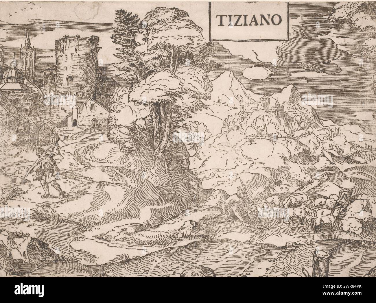 Paesaggio con pastore, paesaggio con pastore e il suo gregge., stampatore: Ugo da Carpi, su disegno di: Tiziano, Italia, c. 1514 - c. 1515, carta, altezza 376 mm x larghezza 518 mm, stampa Foto Stock