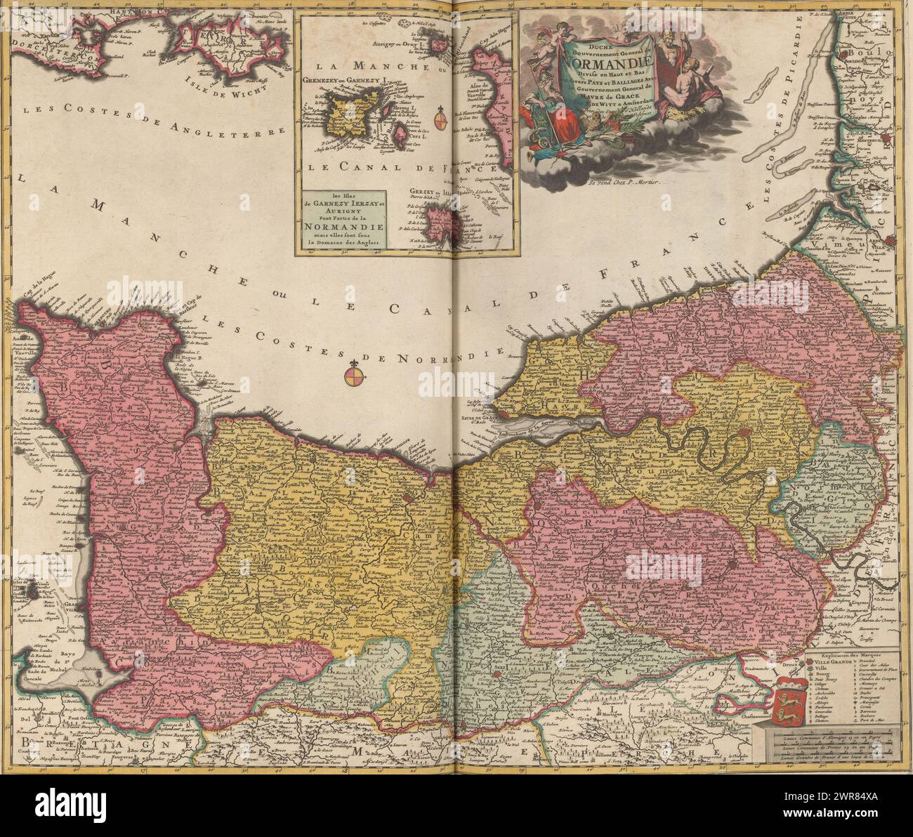 Mappa della Normandia con Guernsey e Jersey, Duche gouvernement General de Normandie divise en gaut et bas en subs pays et balliages avec le gouvernement General de Havre de Grace (titolo sull'oggetto), questa stampa fa parte di un album., print maker: Anonimo, dopo il design di: Frederik de WIT, editore: Pieter Mortier (i), su disegno di: Amsterdam, editore: Amsterdam, l'Aia, 1671 - 1706, paper, incisione, incisione, altezza 503 mm x larghezza 605 mm, stampa Foto Stock