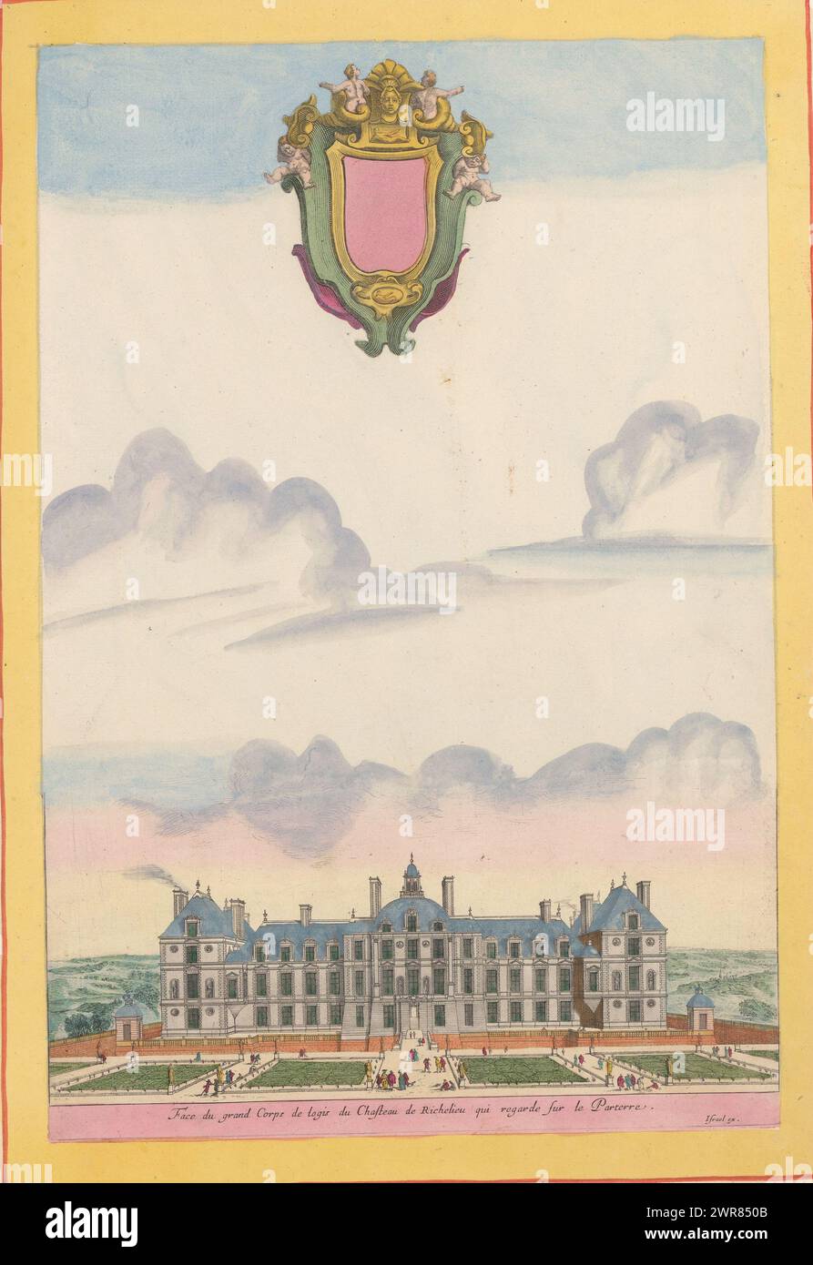 Vista del castello di Richelieu, face du Grand Corps de logis du chasteau de Richelieu qui regarde la parterre (titolo sull'oggetto), vedute di vari castelli (titolo della serie), Livre contenant les veuës et Perspectives de la chapelle et maison de Sorbonne; ensemble de plusieurs autres belles maisons basties en divers endroicts du Royaume (titolo della serie), questa stampa fa parte di un album., stampatore: Israël Silvestre, stampatore: Jean Marot (i), su disegno di: Israël Silvestre, editore: Paris, the Hague, 1649, paper, incisione, incisione, altezza 373 mm x larghezza 249 mm Foto Stock