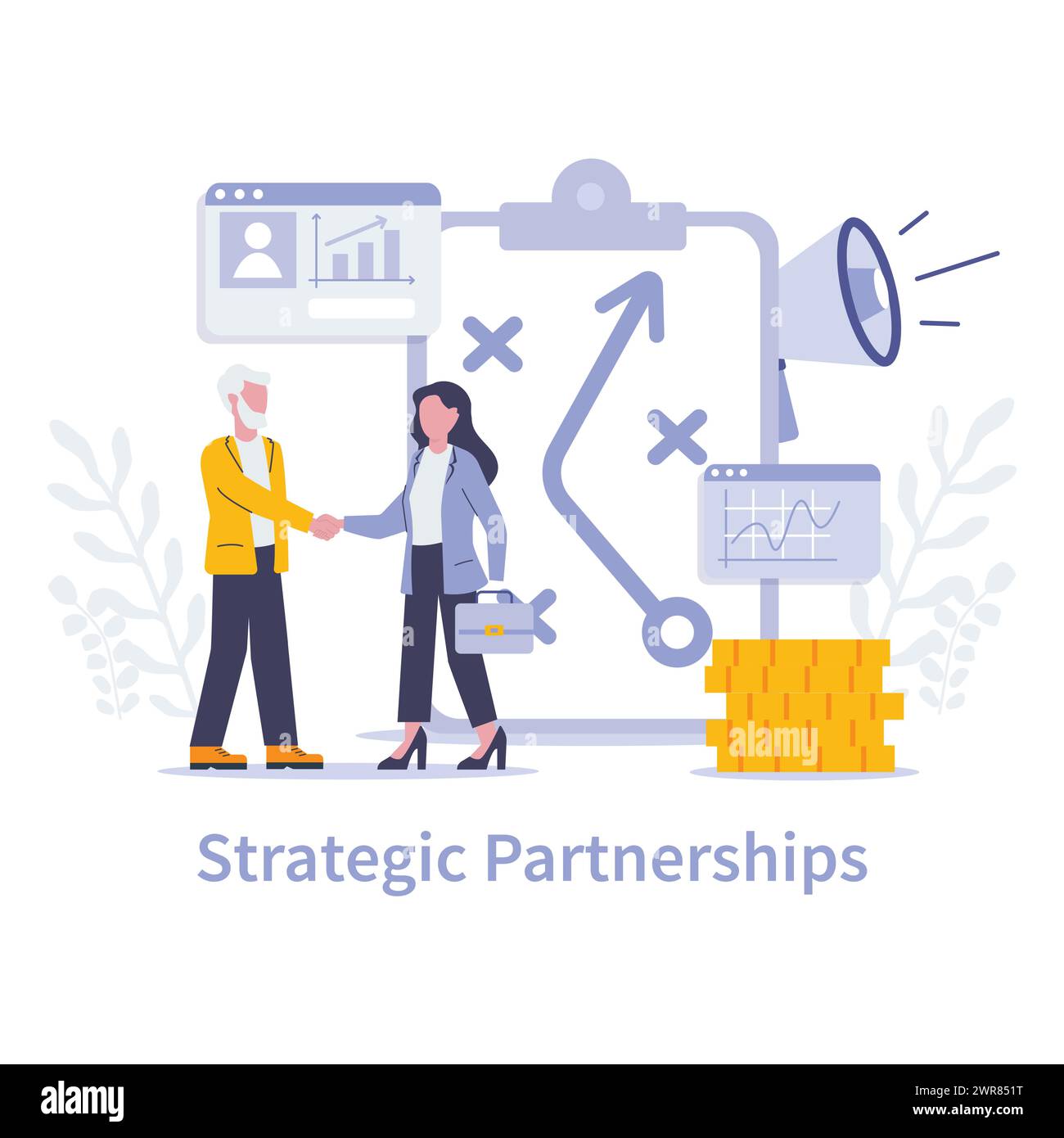 Concetto di partnership strategiche. Stringere alleanze commerciali per la crescita e l'innovazione reciproche. Successo collaborativo nell'era digitale. Illustrazione vettoriale. Illustrazione Vettoriale