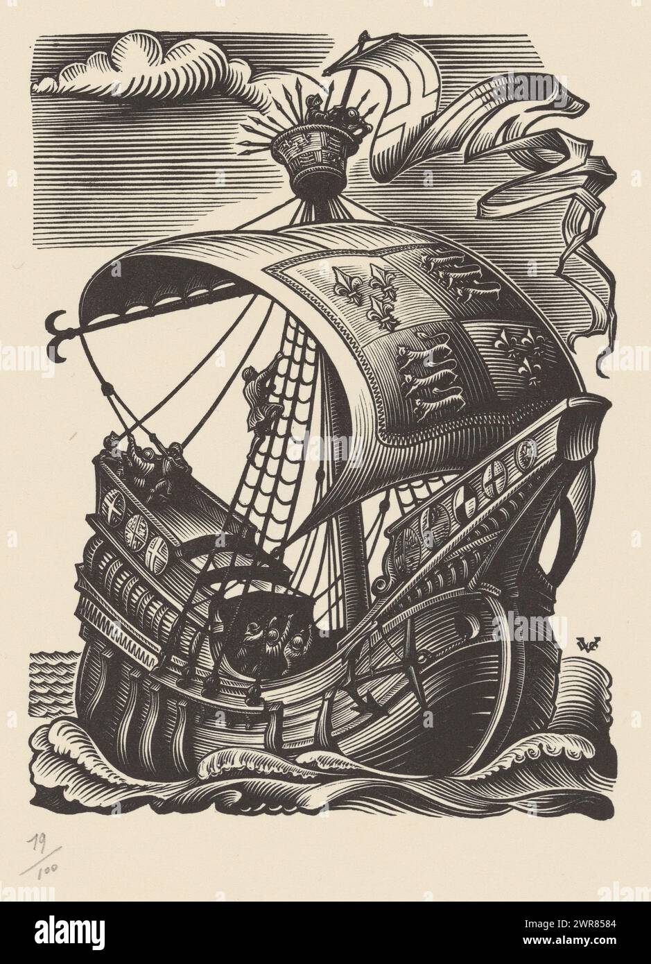 Nave a cremagliera con stemma a vela, stampatore: Valentin le Campion, 1871 - 1952, carta, incisione in legno, altezza 301 mm x larghezza 238 mm, stampa Foto Stock
