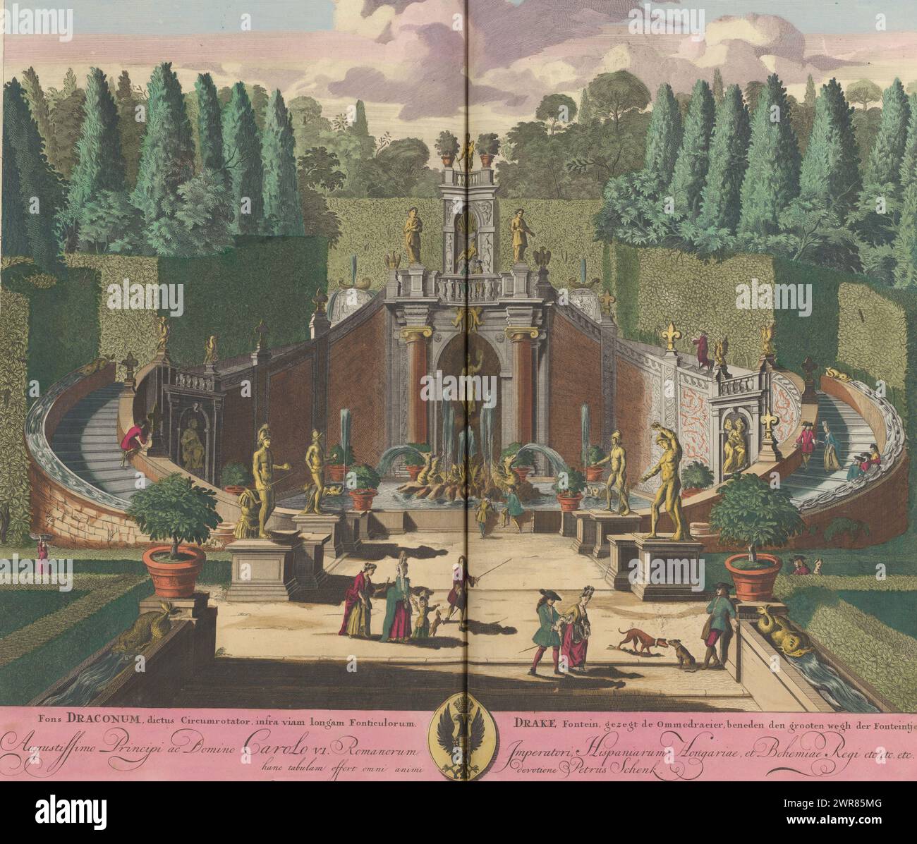 Fontana del Drago nel giardino della Villa d'Este a Tivoli, Fons Draconum, dictus circumrotator, infra viam longam fonticulorum/ Fontana del Drake, dice l'ommedraeier, sotto il grande sentiero delle fontane (titolo sull'oggetto), Vista della Fontana del Drago nel giardino della Villa d'Este a Tivoli. Titolo in latino e olandese nel margine inferiore. La stampa fa parte di un album., stampatore: Pieter Schenk (i), Anna Beeck, Pieter Schenk (i), stampatore: Amsterdam, l'Aia, 1670 - 1711 e/o 1693 - 1717, carta, incisione, altezza 495 mm x larghezza 595 mm, stampa Foto Stock